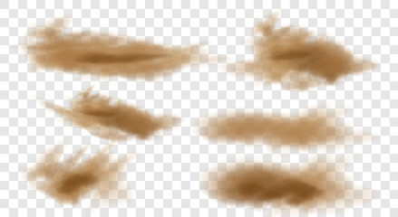 Set of realistic trails Road dust, dust from under the wheels, from under the horses' hooves isolated on a transparent background. Brown dusty cloud or dry sand flying with a gust of wind. 