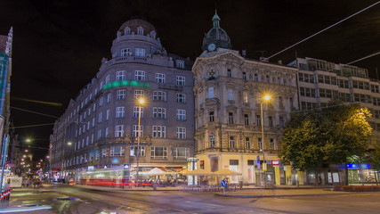 Fototapeta na wymiar Wenceslas Square in Prague at night timelapse , dusk time.