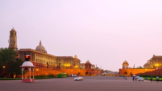 Delhi, India. Illuminated Rashtrapati Bhavan an Parliament building in Delhi, India. Time-lapse of car traffic trail lights. Zoom in
