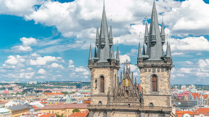 Fototapeta premium Church of our lady before Tyn timelapse in Prague, Czech republic. Gothic church in Prague Old town with beautiful cloudy sky.