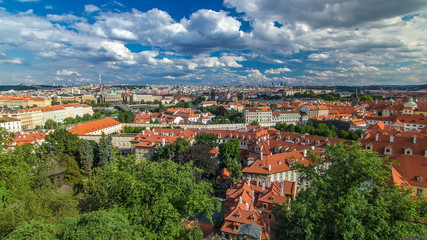 Fototapeta na wymiar Panorama of Prague Old Town with red roofs timelapse, famous Charles bridge and Vltava river, Czech Republic.