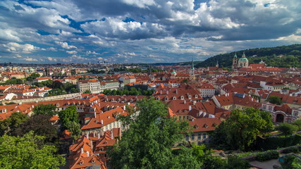 Fototapeta na wymiar Panorama of Prague Old Town with red roofs timelapse, famous Charles bridge and Vltava river, Czech Republic.