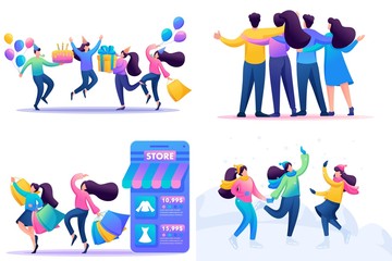 Set 2D Flat concepts Young people have fun and rejoice, friendship. For Concept for web design