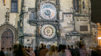 Night view of the medieval astronomical clock in the Old Town square timelapse in Prague