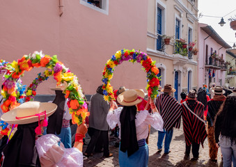 Traditional carnival parade, La Ronda Street, historical center of Quito, Ecuador