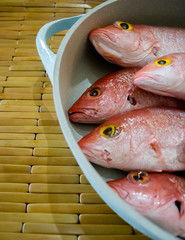 Catch of the day: red snappers in a pot with a bamboo background
