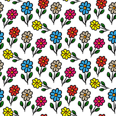 Multicolored vibrant daisy flowers isolated on white background. Children's graphic floral seamless pattern. Vector hand drawing. Texture.