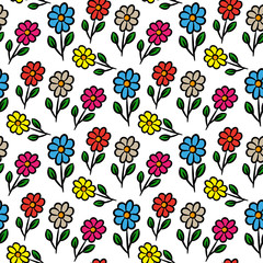 Multicolored vibrant daisy flowers isolated on white background. Children's graphic floral seamless pattern. Vector hand drawing. Texture.
