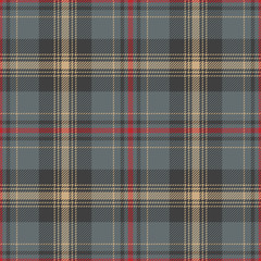 Seamless plaid pattern for menswear flannel shirt, trousers, bag, or other modern textile print in dark grey, sand beige, and red. Striped texture for autumn and winter designs.