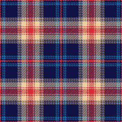 Plaid pattern background. Seamless multicolored dark check plaid graphic in blue, red, and beige for skirt, upholstery, or other modern autumn or winter textile design.