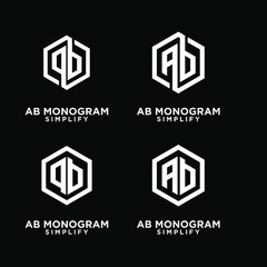 set of ab, ba, a b initial monogram hexagon letter white logo design with black background