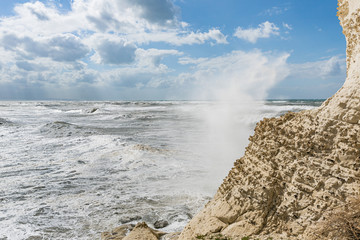 Stormy  weather in the morning on the Mediterranean coast near Rosh HaNikra in Israel
