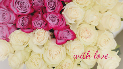Natural pink and white roses background. Postcard for a holiday. Valentine's day. Mother's Day! Holidays concept. 8. 14. With love.