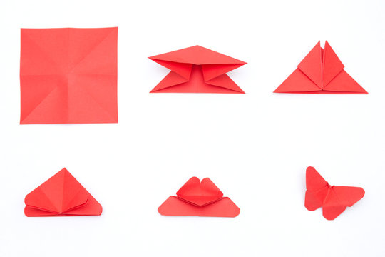 Steps of making origami butterfly on white background