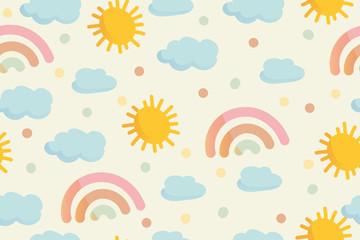 Cute rainbow, clouds, sun and dots in pastel colors, seamless pattern. Modern hand drawn vector in cartoon style. Baby nursery room in scandinavian style. Wrapping paper or kids textile concept