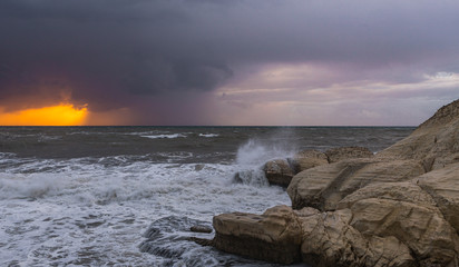 Stormy  weather in the evening at sunset on the Mediterranean coast near Rosh HaNikra in Israel