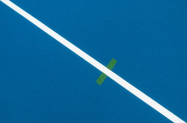 Sport background. Blue running track with white lines and green mark in sport stadium. Top view