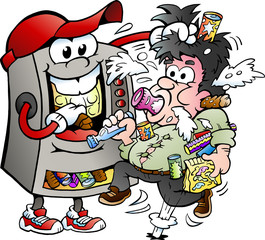 Vector Cartoon illustration of a Vending Machine feeding a Customer