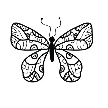 Doodle coloring book with cute butterflies for children and adults.Vector stock illustration of black outline insect.