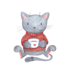 Fototapeta premium Cute cozy grey kitten in a red sweater with a cup of tea. Lovely cat sitting and holding a white mug of coffee with a heart on it. Watercolor painting. Hand drawn illustration