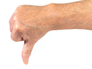 main humaine pouce vers le bas isolé fond blanc