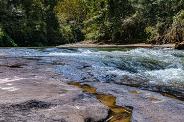 A mountain river flowing down the valley through the forest