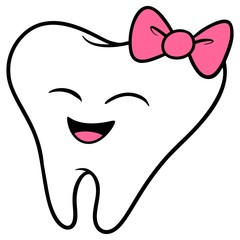 Kawaii Tooth with a Bow - A cartoon illustration of a kawaii style baby tooth with a pink bow.