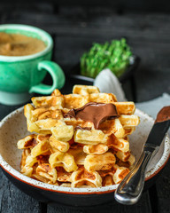 Belgian waffles (delicious sweet dish, dessert snack) menu concept. background. top view. copy space