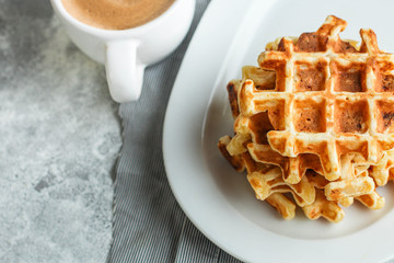 Belgian waffles (delicious sweet dish, dessert snack) menu concept. background. top view. copy space
