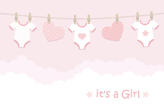its a girl welcome greeting card for childbirth with hanging hearts and bodysuits vector illustration EPS10