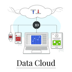 Data cloud scene. Light outline drawing style. Isolated illustration for your design, infographic, landing page or app designing.