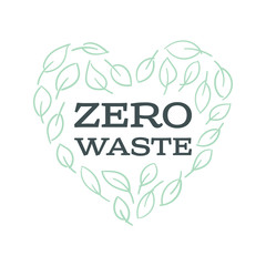 Zero waste background with light green leaves heart and zero waste slogan. Hand drawn style. Trendy linear vector illustration