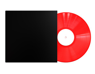 Red Colored Vinyl Disc Mock Up. Vintage LP Vinyl Record with Black Cover Sleeve and White Label Isolated on White Background. 3D Render.