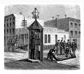 Police box at Chicago 19th century, public telephone kiosk for the use of the police members or the public to contact the police