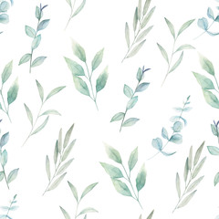 Watercolor seamless pattern with eucalyptus branches . Hand drawn illustration. Vintage print