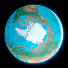 Map of the North Pole. Arctic, ice, melting, climate change. Climate emergency. Scientific expedition. Satellite view of the globe. 3d render. Element of this images are furnished by Nasa © Naeblys
