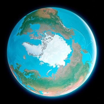 Map of the North Pole. Arctic, ice, melting, climate change. Climate emergency. Scientific expedition. Satellite view of the globe. 3d render. Element of this images are furnished by Nasa