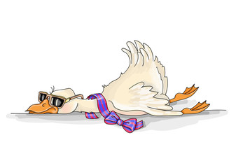 Vector Illustration. funny cute bird goose resting with glasses