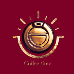 Coffee advertisement. Disposable cup of aromatic coffee. Golden disposable cup with a lid.