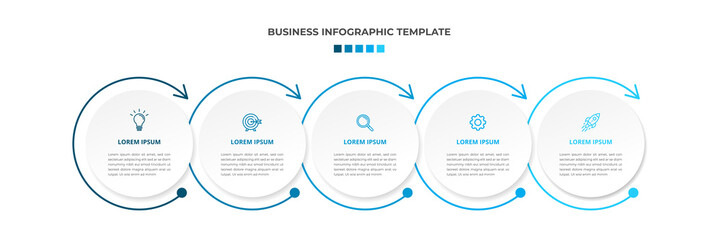 Minimal Modern Minimalist Business Infographics template with circle shape. 5 steps / option timeline with icons. For presentation, process, diagram, workflow, chart. Vector with blue, white color 