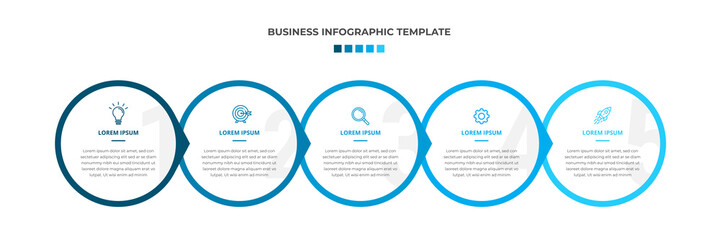Minimal Modern Minimalist Business Infographics template with circle shape. 5 steps / option timeline with icons. For presentation, process, diagram, workflow, chart. Vector with blue, white color 