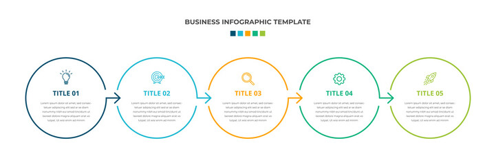 Modern Minimalist Business Infographic template with circle shape. 5 steps / option timeline with icons. For presentation, process, diagram, workflow, chart. Vector with blue, orange, green, white