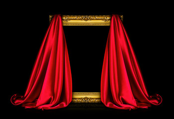 The wooden frame for the picture is covered with a silk red cloth isolated on a black background. Antique golden frame.