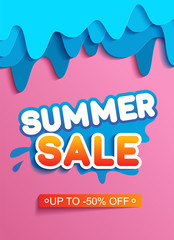 Summer sale banner with paper cut with blue paper cut shapes, design for banner, flyer, invitation, poster, web site or greeting card. Paper cut style, vector illustration