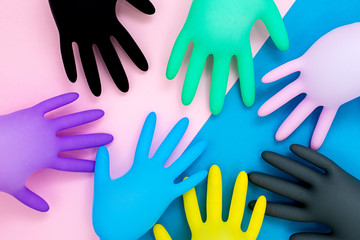 multi-colored medical gloves isolated. Sterile equipment for the medical and beauty industries. Copy space