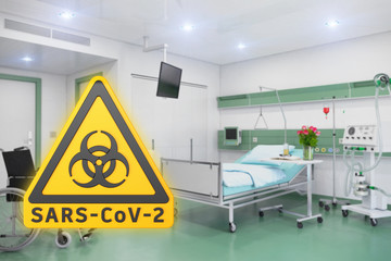3d Illustration - gelbes Warnzeichen - SARS-CoV-2 - Krankenhauszimmer - Krankenhaus