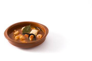 French bouillabaisse soup in bowl isolated on white background. Copy space