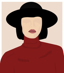 Woman in black hat and red top. Fashion woman abstract illustration.	