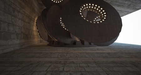 Abstract architectural concrete interior with discs. Neon lighting. 3D illustration and rendering.