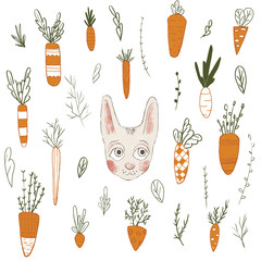 Big set of various childish orange carrots, cute rabbit and leaves